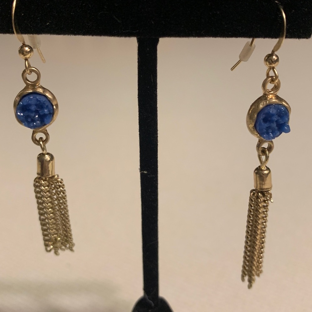 Gold and Blue Tassel Earrings